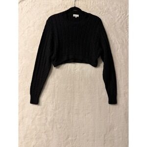 Danielle Bernstein Black Cable Knit Cropped Sweater Small Crew Neck Long Sleeve